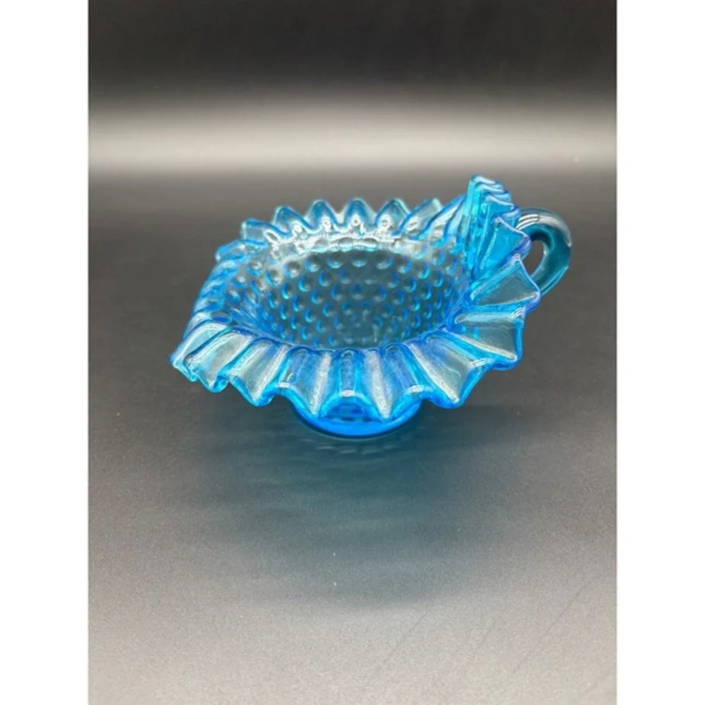 Blue Hobnail‎ Glass Ruffled Creamer Pitcher Dish Vintage